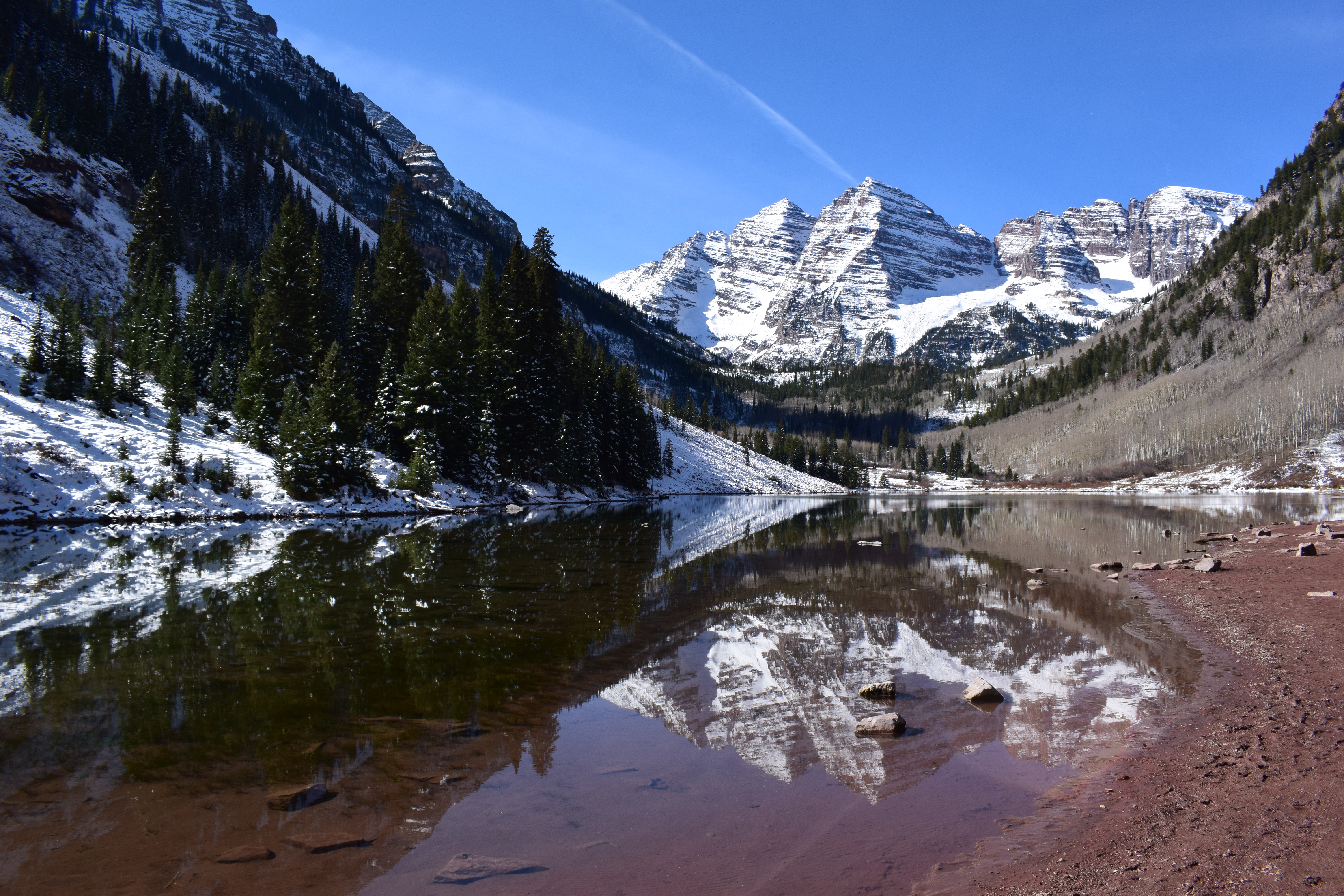 Winter Morning at Maroon Bells with Perfect Lake Reflection Aspen Colorado