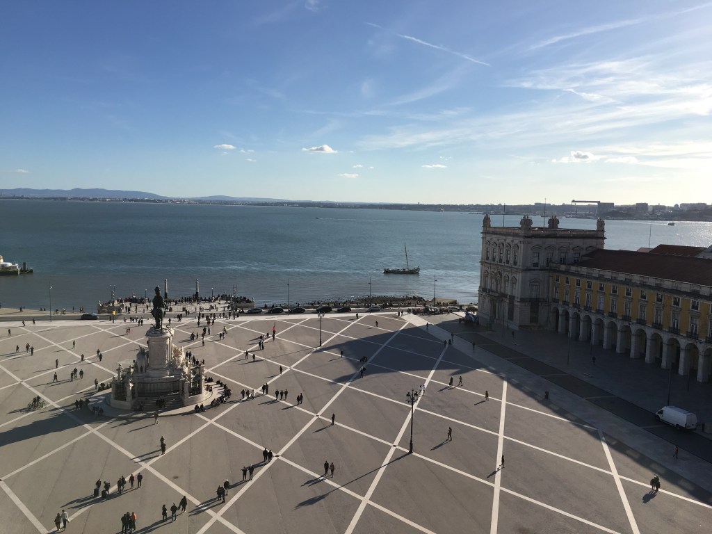 View of Praca do Comercio from Rua Augusta Arch in Lisbon Portugal