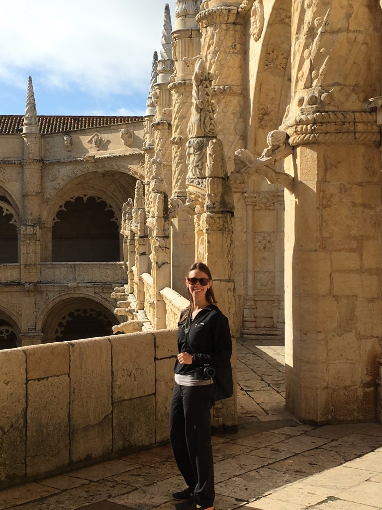 Woman Inside the Cloisters at Jeronimos Monastery in Belem Portugal