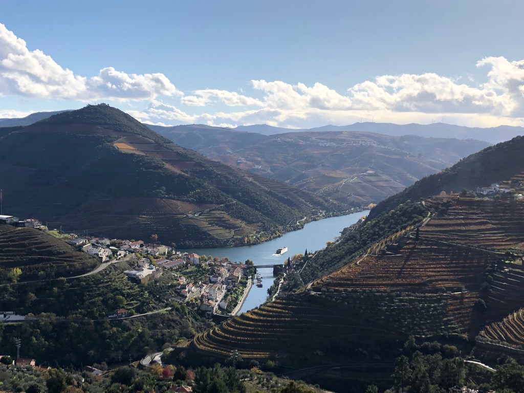 Overlook of Vineyards and Douro River in Douro Valley Portugal