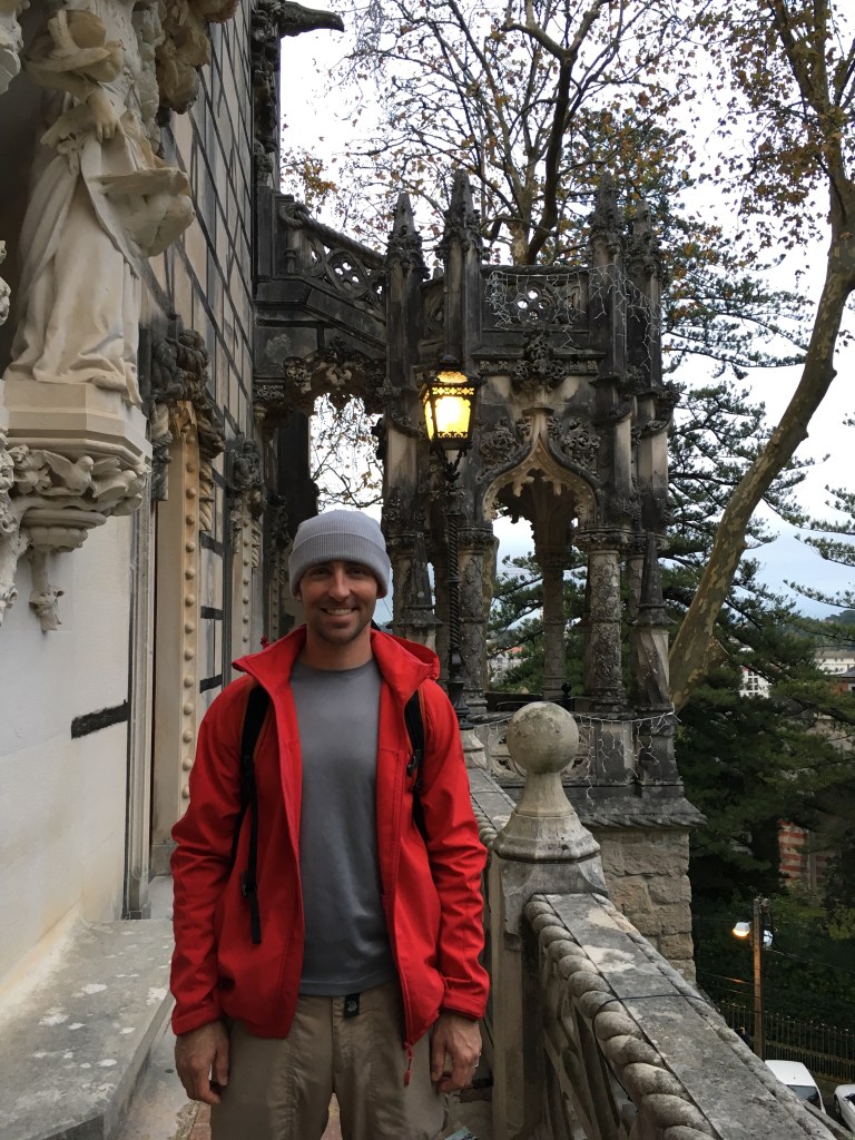 Man on Balcony of Regaleira Palace in Sintra Portugal